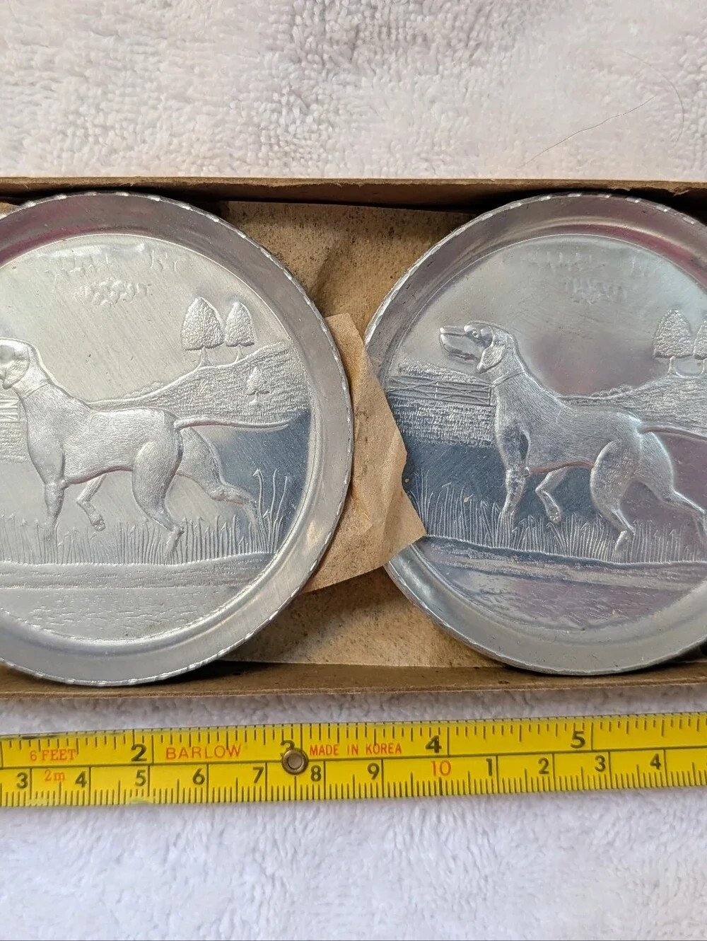 Vintage MCM Forged Aluminum Coaster Set 8 In Box Hunting Dog German Shorthaired